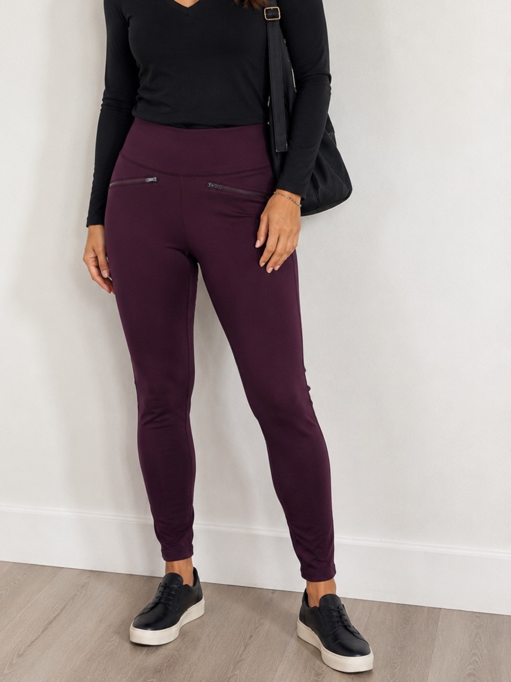 White‎ House Black Market Scuba Zipper Runway Legging Empire Plum Size 12 Casual